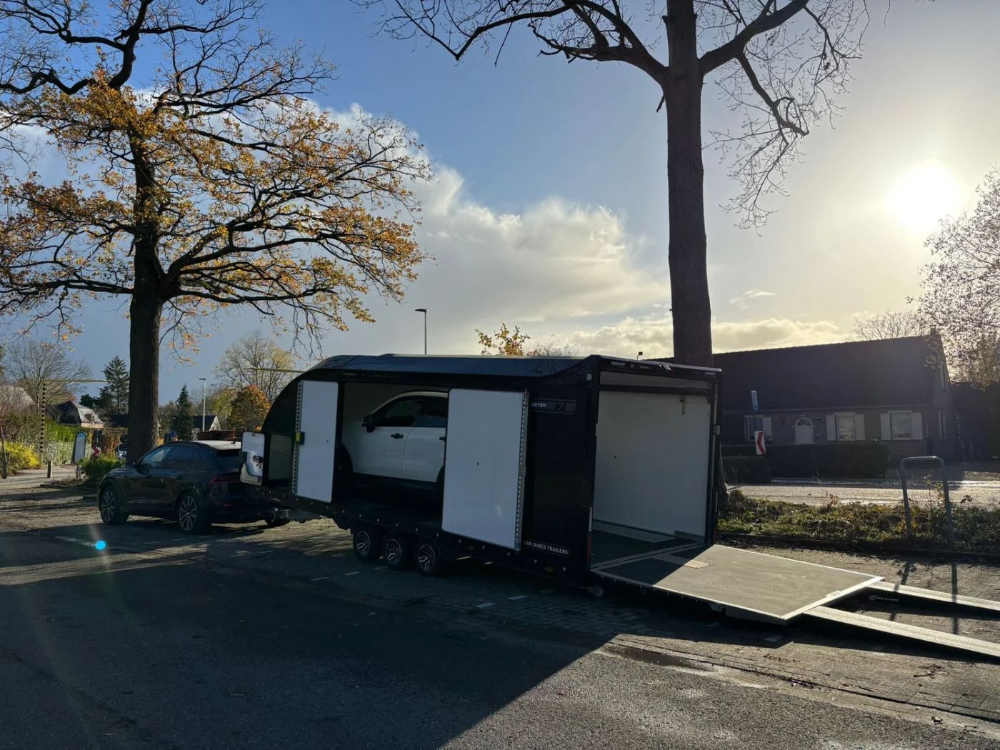 Prestige Moves enclosed Brian James RT7 trailer for luxury and exotic car transport across Europe